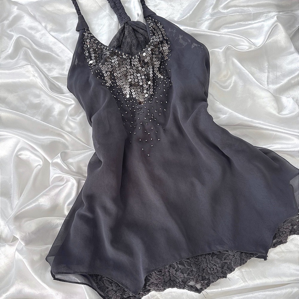 Charcoal Grey Sequin Lace Layered Racerback Tank Top MDT298T Size L